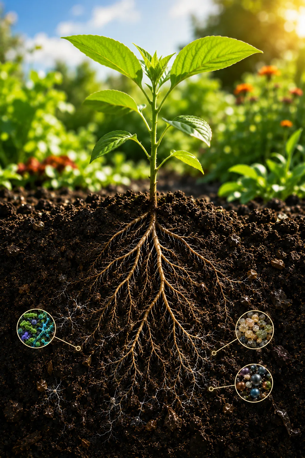 Healthy garden plants grown in mineral-rich soil